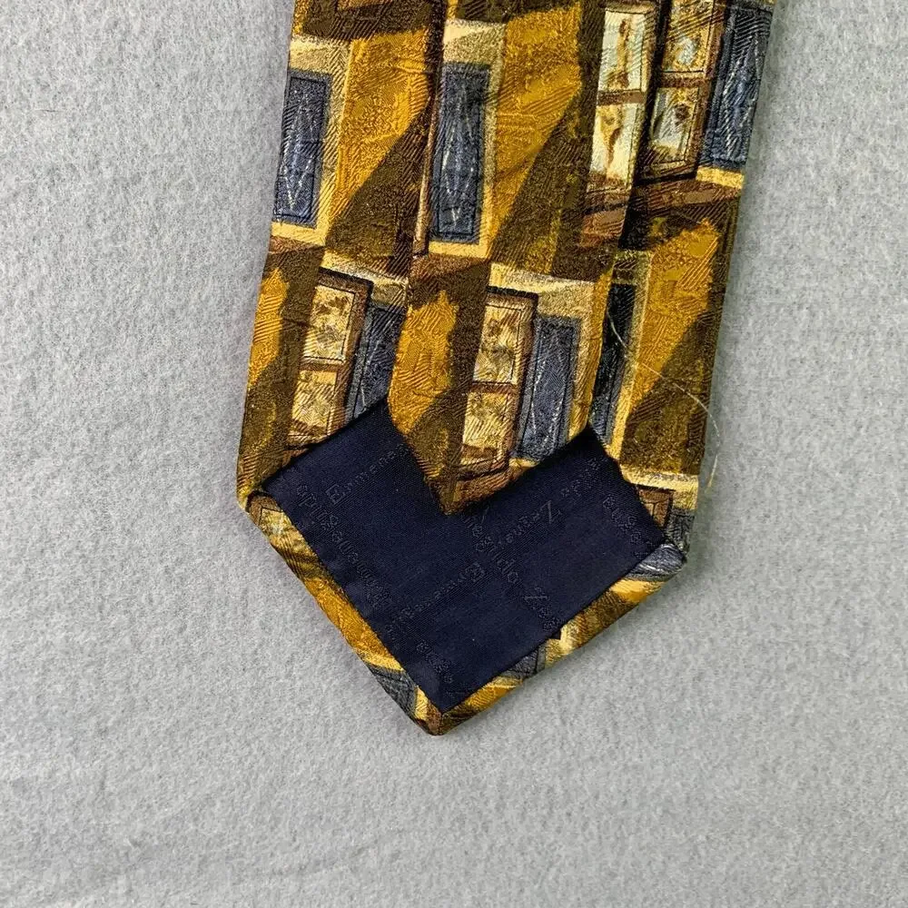 Ermenegildo Zegna Neck Tie Silk Gold Blue Geometric Windows Made In Italy Mens